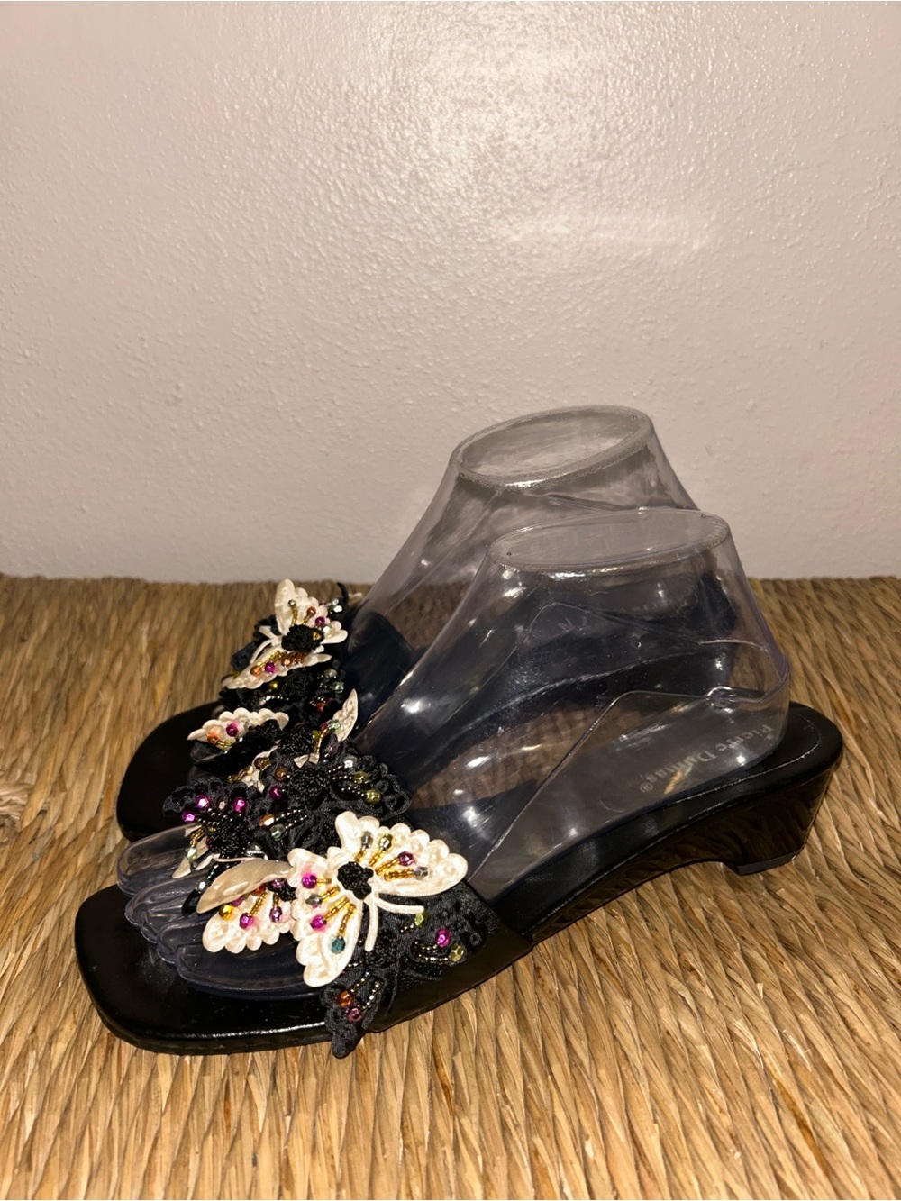 butterfly embellished Y2k wedge Beaded Black sequined Floral Slide Sandals - Picture 2 of 7
